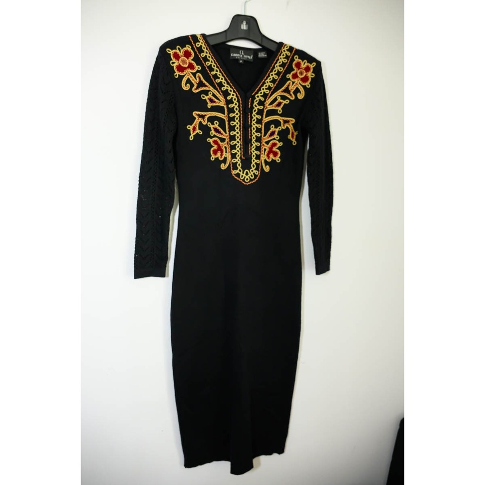 Carole Little Sweater Dress Petite P Black Embroidered Wool Blend Midi